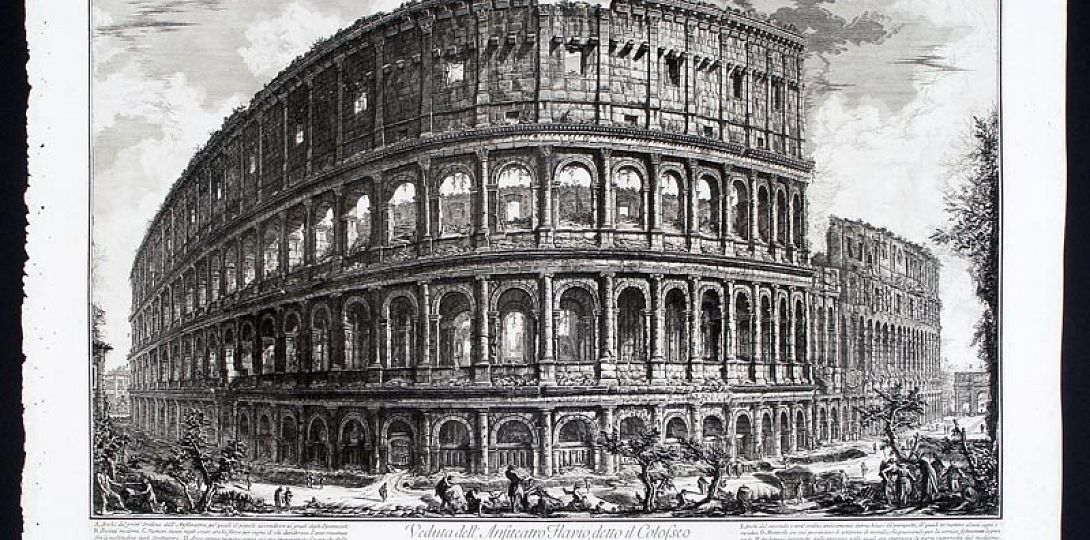 Giambattista Piranesi, „Widok amfiteatru Flawiusza zwanego Koloseum” Włochy, Rzym, 1757, akwaforta, teka „Vedute di Roma”
