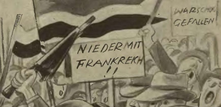Rrysunek – niemiecka demonstracja w Katowicach po fałszywej informacji o zdobyciu przez bolszewików Warszawy