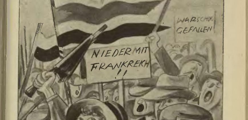 Niemiecka manfestacja w Katowicach 17 sierpnia 1920 r., il. z  Maciej Wierzbiński, Pękły okowy. Powieść z czasów plebiscytu śląskiego, Katowice 1929.