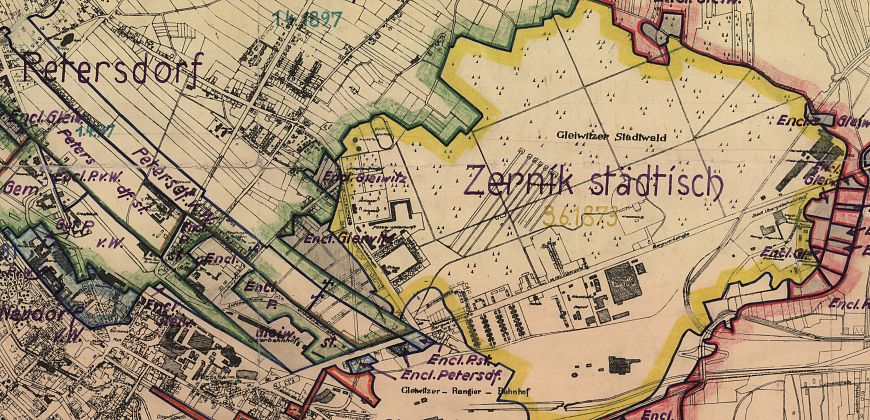 Granice (na żółto) Dzielnicy Leśnej (Żernik Miejskich, Zatorza), na planie Gliwic z 1929 r. (ź:) Archiwum w Gliwicach