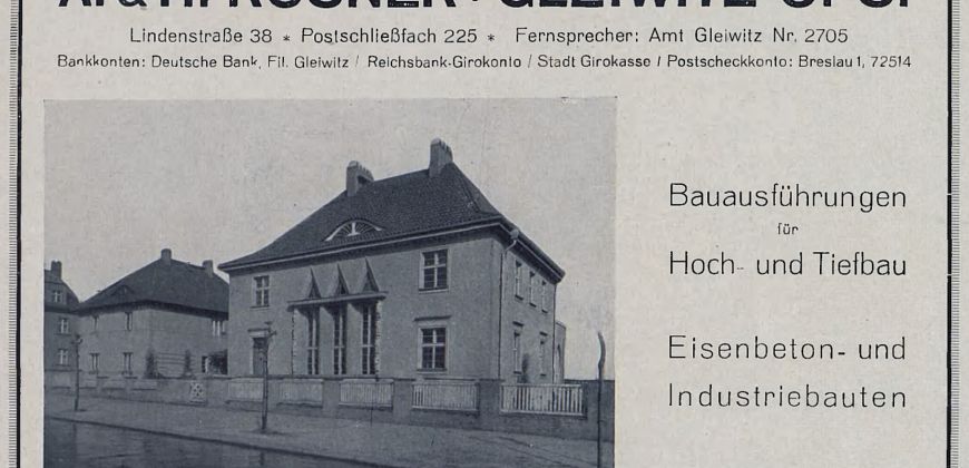Reklama firmy A. & H. Rosner z widokiem willi przy Lindenstrasse 36 (obecnie ul. Lipowej), 1926, (ź:) Gleiwitz. Deutschlands Städtebau Hrsg. K. Schabik, Gleiwitz, 1928