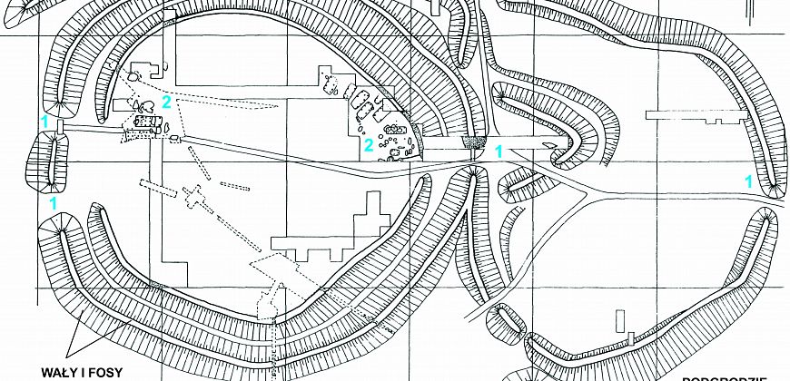 Plan grodziska według J. Szydłowskiego i R. Perzyny, 1970 r.