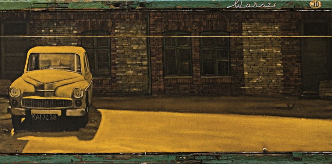 Jacek Rykała -Warszawa -1986, olej+kolaż, wym. 89x217cm.