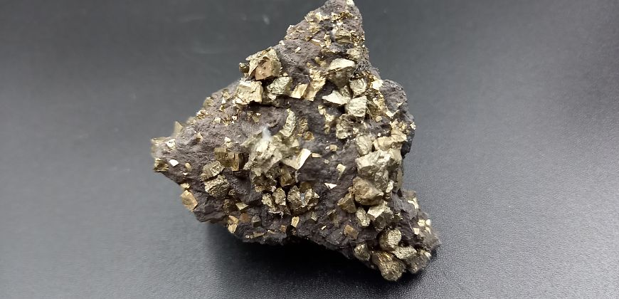 Piryt w łupku, zbiory Muzeum Geologii Złóż Politechniki Śląskiej im. Czesława Poborskiego