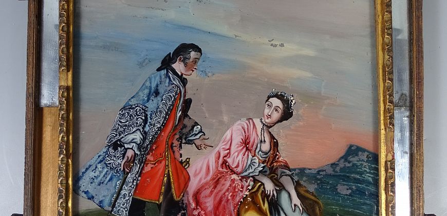 Fot. 'Scena dworska', autor nieznany, 1821-1872, olej na szkle, fot. Sylwia Krzemińska, zbiory Muzeum w Gliwicach